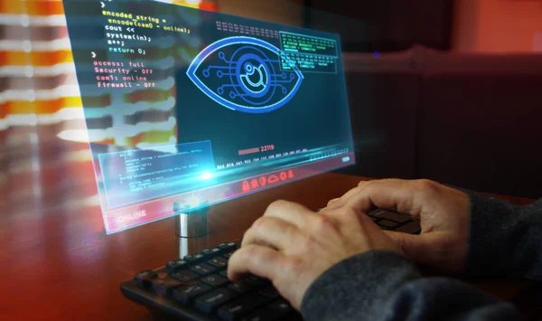 Hacker Ataque Espía Con Ojo Cibernético Pantalla Computadora Hacking Control — Foto de Stock