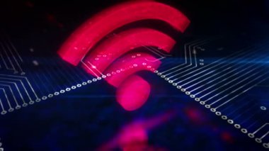 Wi-fi kablosuz iletişim ağı. 5G, mobil bağlantı, ağ teknolojisi konsepti. Kamera, bilgisayarın içindeki 3D simge etrafında dinamik sanal vinç üzerinde hareket ediyor.