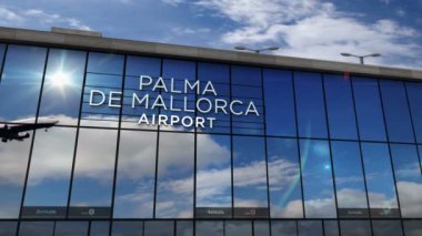 Palma de Mallorca, Balear İspanya 'ya iniş yapan bir jet uçağı 3 boyutlu animasyonu canlandırıyor. Cam havaalanı terminali ve uçak yansıması olan şehre varış. Seyahat, turizm ve ulaşım kavramı.