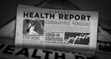 Covid-19 virüs sağlık raporu, küresel koronavirüs salgını ve virüs krizi haberleri. Günlük gazete baskısı. Klasik kağıt medya üretimi soyut konsept. Retro biçimi 3d görüntüleme.