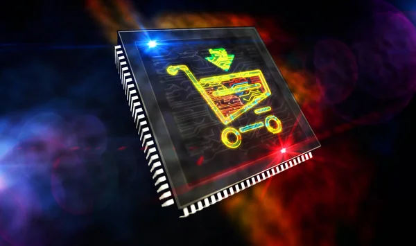 Digitaler Warenkorb. Cyber Business, Marketing, Online-Shop und Verkaufstechnologie abstraktes Konzept. Fertigungslinie 3D-Darstellung. Fabrik mit Laserverbrennung. — Stockbild Digitaler Warenkorb Cyber Business Marketing Online Shop Und Verkaufstechnologie Abstraktes — Stockfoto