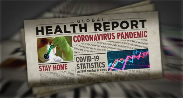 Covid-19 virus health report, global coronavirus pandemic and virus crisis news. Daily newspaper print. Vintage paper media press production abstract concept. Retro style 3d rendering illustration.