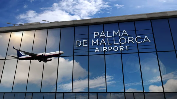 Palma de Mallorca, Balear İspanya 'ya iniş yapan bir jet uçağı. Cam havaalanı terminali ve uçak yansıması olan şehre varış. Seyahat, turizm ve ulaşım kavramı.