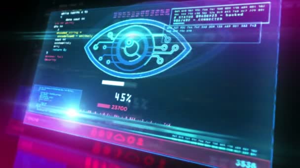 Cyber espionnage oeil symbole sur l'écran de l'ordinateur. Piratage, contrôle, surveillance, supervision, surveillance numérique et violation du concept de vie privée Animation 3D en boucle et transparente avec effet de pépin.