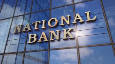 National Bank cam bina tabelası. İş, ekonomi ve kamu maliyesi konsepti 3 boyutlu animasyonu canlandırıyor. Aynalı gökyüzü ve şehir modern cephede.