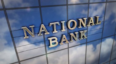 National Bank cam inşaatında. Aynalı gökyüzü ve şehrin modern yüzü. Ekonomi, iş ve kamu finans kavramı 3 boyutlu resimleme.