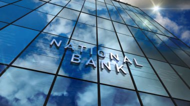 National Bank cam inşaatında. Aynalı gökyüzü ve şehrin modern yüzü. Ekonomi, iş ve kamu finans kavramı 3 boyutlu resimleme.