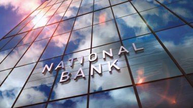 National Bank cam inşaatında. Aynalı gökyüzü ve şehrin modern yüzü. Ekonomi, iş ve kamu finans kavramı 3 boyutlu resimleme.