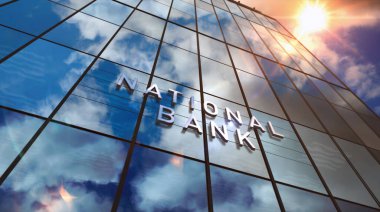 National Bank cam inşaatında. Aynalı gökyüzü ve şehrin modern yüzü. Ekonomi, iş ve kamu finans kavramı 3 boyutlu resimleme.