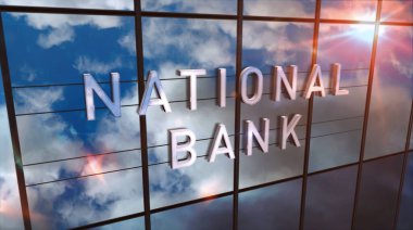 National Bank cam inşaatında. Aynalı gökyüzü ve şehrin modern yüzü. Ekonomi, iş ve kamu finans kavramı 3 boyutlu resimleme.