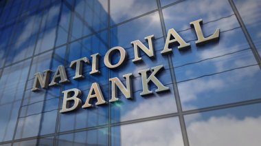 National Bank cam inşaatında. Aynalı gökyüzü ve şehrin modern yüzü. Ekonomi, iş ve kamu finans kavramı 3 boyutlu resimleme.
