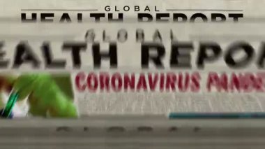 Covid-19 virüs sağlık raporu, küresel koronavirüs salgını ve günlük virüs krizi gazete baskısı. Klasik haber gazetesi medya soyut kavramı. Retro 3d renklendirici kusursuz döngü canlandırması.