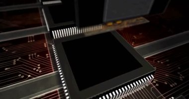 Bitcoin kripto para, sanal para, siber iş, bankacılık, ekonomi ve dijital finans kavramı. Metal sembol işlemci fabrikası kabartması. Soyut 3d görüntüleme döngüsü ve kusursuz canlandırma.