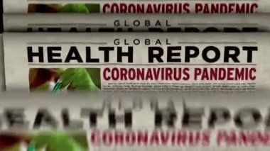 Covid-19 virüs sağlık raporu, küresel koronavirüs salgını ve sarar virüsü krizi haberleri. Günlük gazete baskısı. Klasik kağıt medya baskı üretim konsepti. Retro biçimi 3d canlandırma canlandırması.