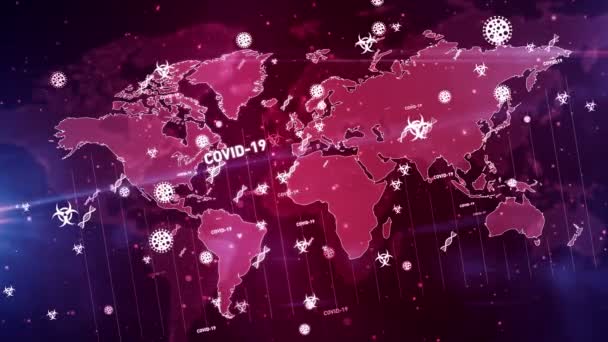 Virus Covid Símbolos Epidémicos Globales Mapa Del Mundo Digital Loopable — Vídeo de stock