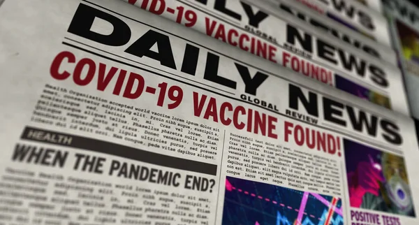 Covid-19 vaccine found, cure for coronavirus, pandemic end and virus medicine news. Daily newspaper print. Vintage paper media press production abstract concept. Retro style 3d rendering illustration.