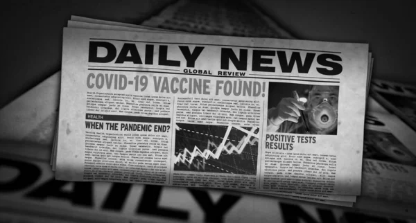 Covid-19 vaccine found, cure for coronavirus, pandemic end and virus medicine news. Daily newspaper print. Vintage paper media press production abstract concept. Retro style 3d rendering illustration.