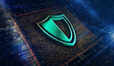 Siber güvenlik, bilgisayar koruması kalkan metal sembollü dijital güvenlik teknolojisi. Soyut konsept 3D resimleme.