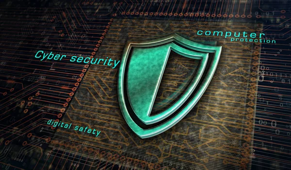 Cyber security, computer protection, digital safety technology with shield metal symbols. Abstract concept 3d rendering illustration.