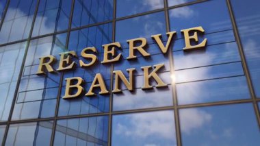 Reserve Bank cam bina tabelası. İş, ekonomi ve kamu maliyesi konsepti 3 boyutlu animasyonu canlandırıyor. Aynalı gökyüzü ve şehir modern cephede.