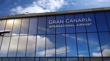 Uçak silueti Las Palmas de Gran Canaria, İspanya 'ya iniyor. Havaalanı yön tabelasıyla ve arka planda gün batımıyla şehre vardık. Trip ve ulaşım konsepti 3D animasyon.