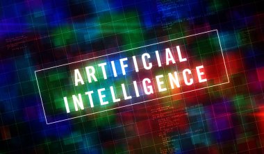 Yapay Zeka, dijital makine öğrenimi, ai, endüstri 4.0 ve sibernetik beyin fütüristik kavramı. Soyut 3D canlandırma. Siber uzayda sanal metin.