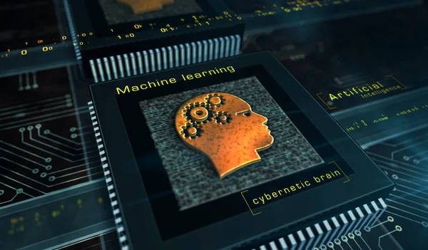 人工智能 机器学习 网络大脑 数字技术与头部金属符号 抽象概念3D渲染说明 — 图库照片