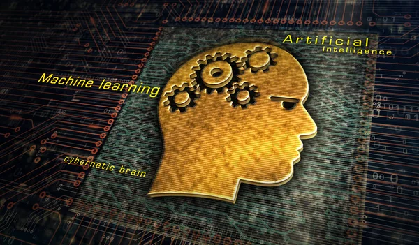 人工智能 机器学习 网络大脑 数字技术与头部金属符号 抽象概念3D渲染说明 — 图库照片
