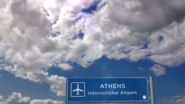 Приземлення Літаків Афінах Греція Прибуття Міста Знаком Напрямку Аеропорту Подорожі — стокове відео