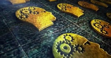Yapay zeka, makine öğrenme, siber beyin, metal sembollü dijital teknoloji. Döngüsüz soyut kavram 3 boyutlu canlandırma. Elektronik devredeki simgelerin üzerinde uçuyor.