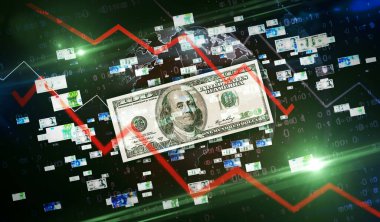 Dolar, Euro, Yen ve İsviçre Frangı 3D illüstrasyon. Bankacılık, para, finans, nakit, küresel ekonomi, ticaret, sermaye, krizin soyut kavramı.