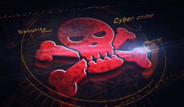 Siber suçlar, güvenlik ihlali, bilgisayar koruması korsanlığı ve kafatası metal sembollü veri hırsızlığı teknolojisi. Soyut konsept 3D resimleme.