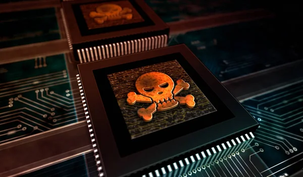 Cyber crime, security breach, hacking computer protection, piracy and data theft technology with skull metal symbols. Abstract concept 3d rendering illustration.