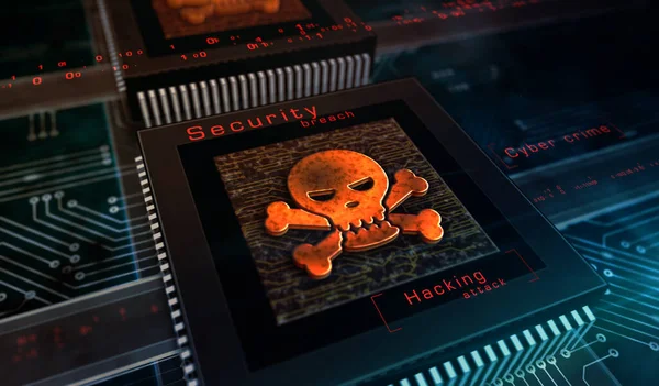 Cyber crime, security breach, hacking computer protection, piracy and data theft technology with skull metal symbols. Abstract concept 3d rendering illustration.