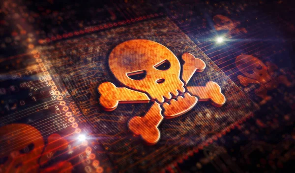 Cyberkriminalität, Sicherheitslücken, Hackerangriffe auf den Computerschutz, Piraterie und Datendiebstähle mit Totenkopf-Metallsymbolen. Abstraktes Konzept 3D Rendering Illustration. — Stockbild Cyberkriminalität Sicherheitslücken Hackerangriffe Auf Den Computerschutz Piraterie Und Datendiebstähle Mit — Stockfoto