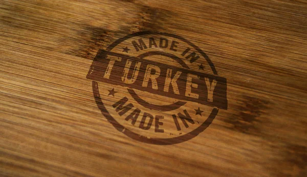 Wykonany Turcji Znaczek Wydrukowany Drewnianym Pudełku Koncepcja Kraju Fabrycznego Produkcyjnego — Zdjęcie stockowe