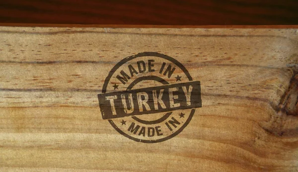 Sello Fabricado Turquía Impreso Caja Madera Concepto País Fábrica Fabricación —  Fotos de Stock