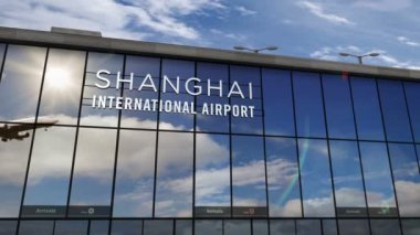 Çin, Şangay Pudong 'a iniş yapan bir jet uçağı 3 boyutlu animasyon yapıyor. Cam havaalanı terminali ve uçağın yansıması ile şehre varış. Seyahat, iş, turizm ve ulaşım kavramı.
