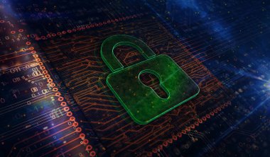 Siber güvenlik, bilgisayar koruması, asma kilit metal sembollü dijital güvenlik teknolojisi. Soyut konsept 3D resimleme.