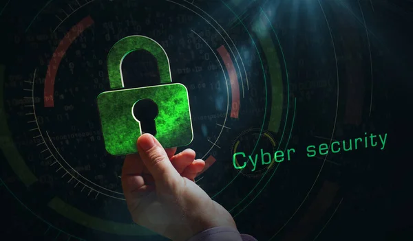 Cyber Sikkerhed Computerbeskyttelse Digital Sikkerhedsteknologi Med Hængelås Metal Symboler Abstrakt - Stock-foto