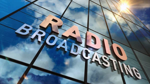 Radio broadcast sign on glass building. Broadcasting station, on air, news media and telecommunication concept in 3D rendering illustration. Mirrored sky and city on modern facade.