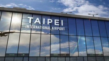 Taipei Taoyuan, Tayvan 'a jet uçağı iniyor. Cam havaalanı terminali ve uçağın yansıması ile şehre varış. Seyahat, iş, turizm ve ulaşım kavramı.