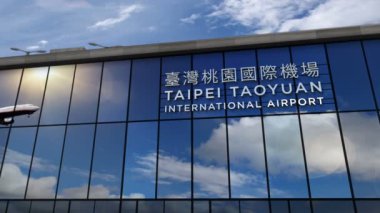 Taipei Taoyuan, Tayvan 'a jet uçağı iniyor. Cam havaalanı terminali ve uçağın yansıması ile şehre varış. Seyahat, iş, turizm ve ulaşım kavramı.