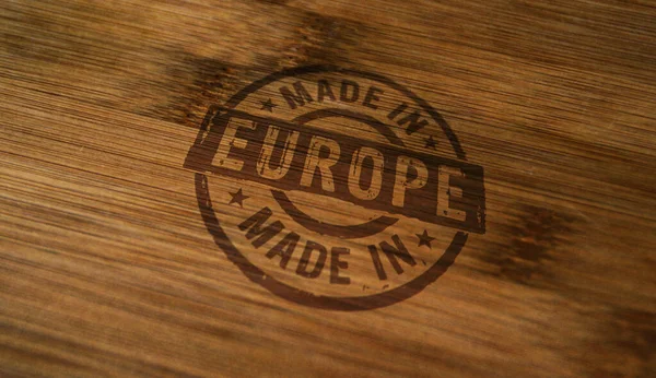 Gemaakt Europa Stempel Van Europese Unie Gedrukt Houten Doos Fabriek — Stockfoto