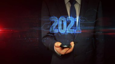 2021 yıl, yeni siber tasarım konsepti. Fütürist soyut 3D resimleme.
