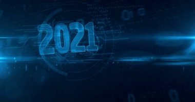 2021 yıl, yeni siber tasarım animasyonu. Gelecekçi soyut 3d mavi tüneli çevrilebilir ve kusursuz bir animasyon haline getiriyor.