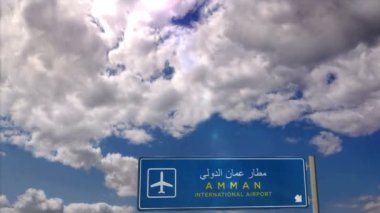 Jet uçağı Amman, Ürdün 'e iniyor. Havaalanı istikameti işaretli şehir gelişi. Seyahat, iş, turizm ve ulaşım konsepti. 3B canlandırma canlandırması.