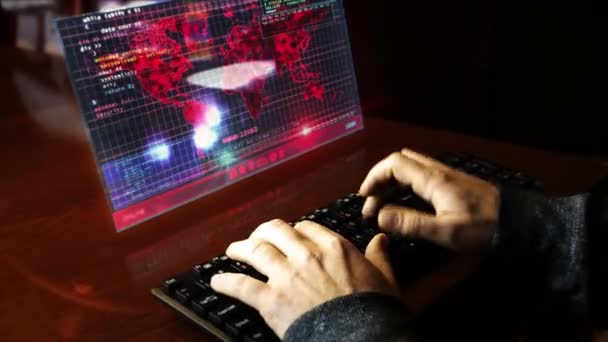 Хакер Печатает Клавиатуре Картой Земного Шара Экране Голограммы Столе Глобальный — стоковое видео