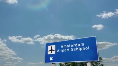 Amsterdam, Hollanda, Nederland, Hollanda 'ya bir jet uçağı iniyor. Havaalanı istikameti işaretli şehir gelişi. Seyahat, iş, turizm ve ulaşım konsepti. 3B canlandırma canlandırması.