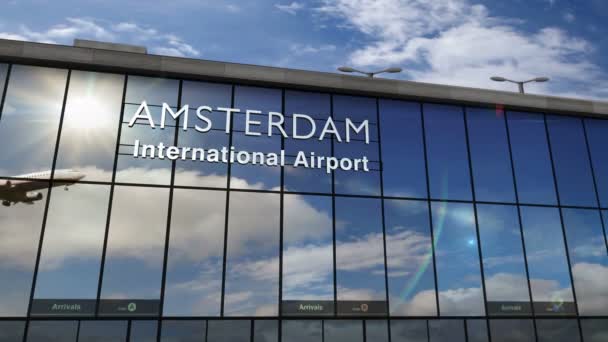 Vliegtuigen Landen Amsterdam Schiphol Nederlands Holland Weergave Animatie Aankomst Stad — Stockvideo